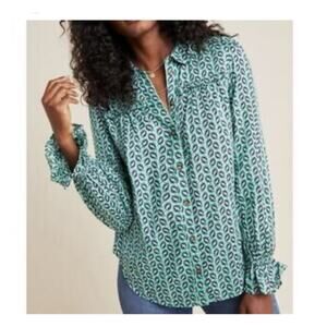 Anthropologie Maeve Bird Print Button Down Top Blouse 0 Green Twee Jess Day